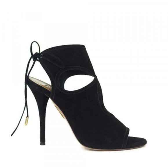 Aquazzura Sexy Thing 105 Cutout Peep Toe Sandals Sz 36 Black Suede Back Ties